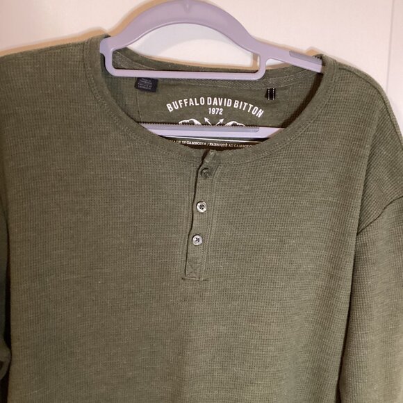 Buffalo David Bitton Men's Henley Style Green Waffle Knit Top Long Sleeve - Picture 2 of 7